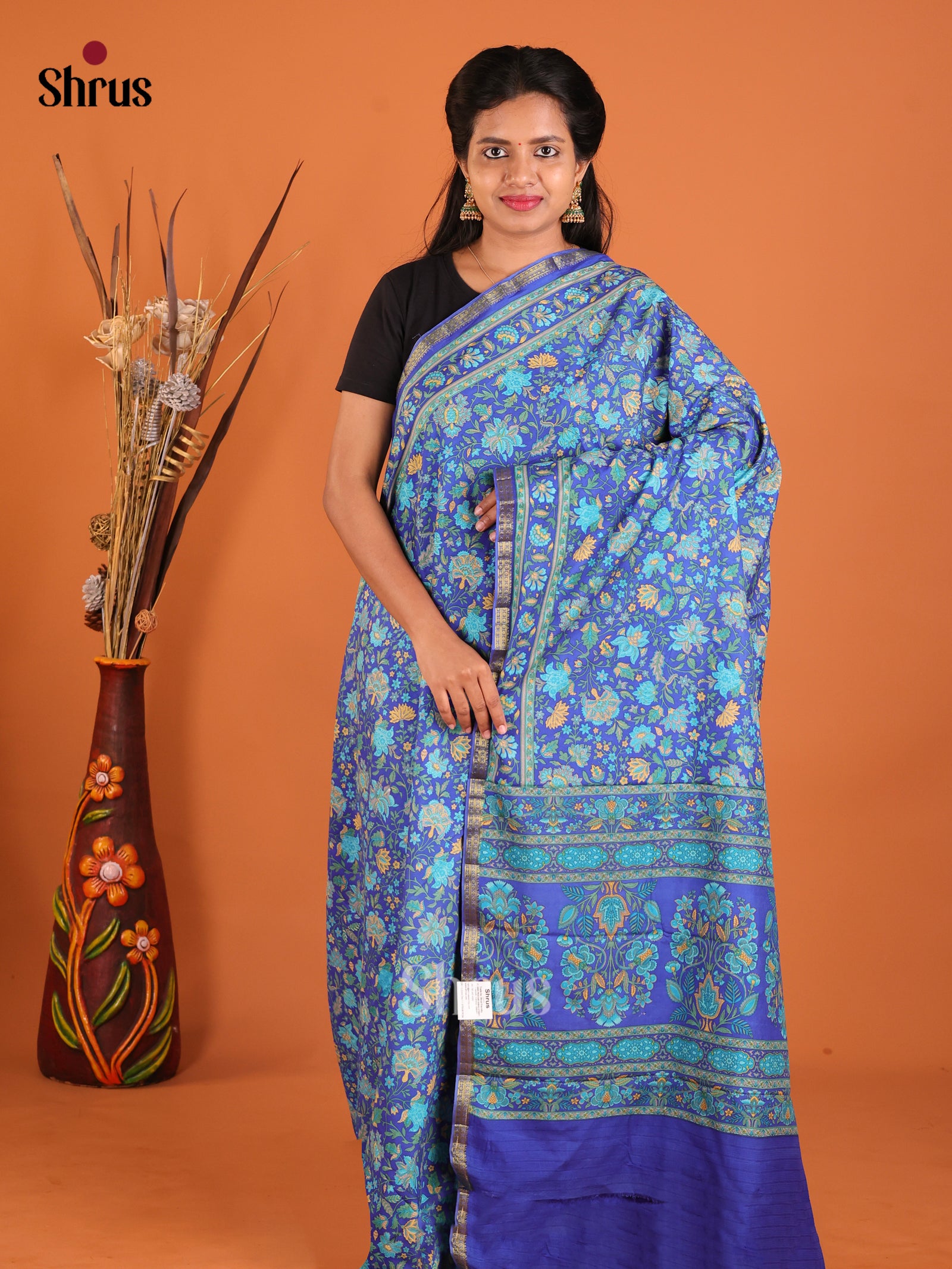 Blue - Printed Silk Saree