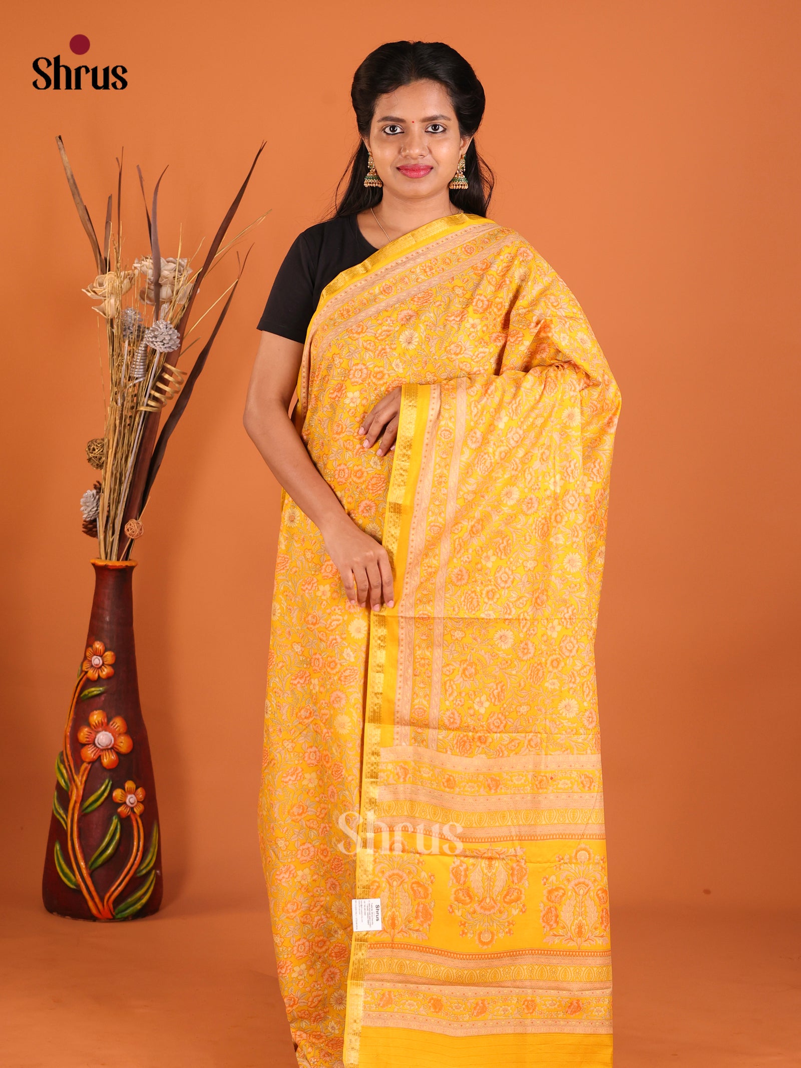Mustard- Printed Silk Saree - Shop on Shrus.com