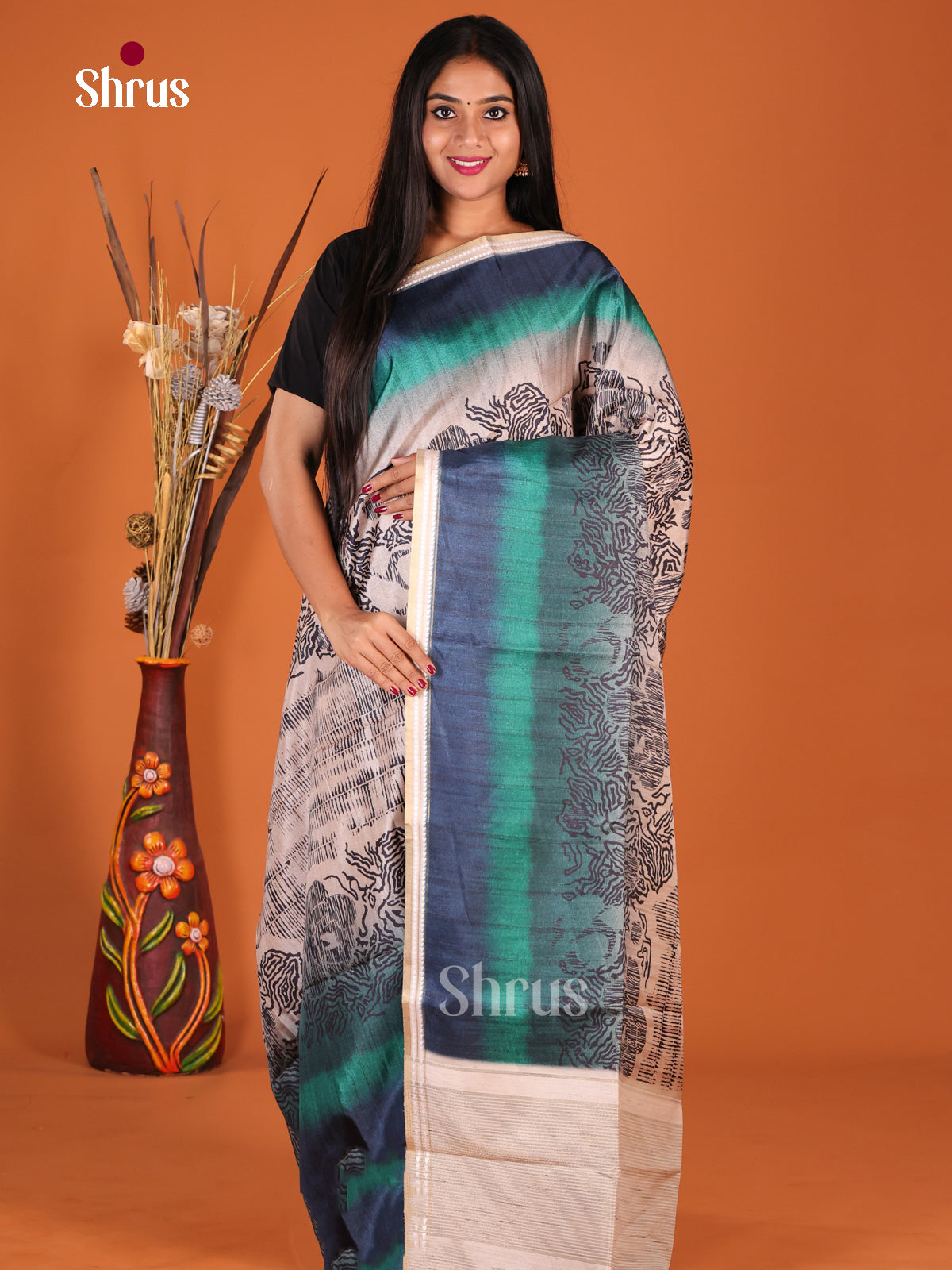 Cream & Blue - Semi matka Saree