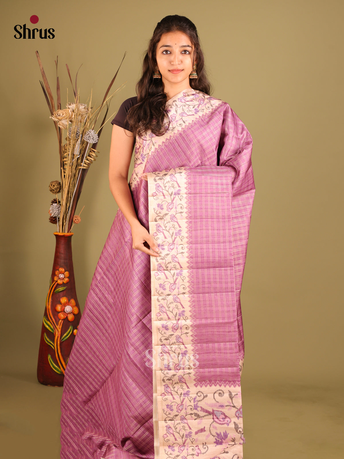 Purple & Cream - Moonga Silk Saree - Shop on Shrus.com