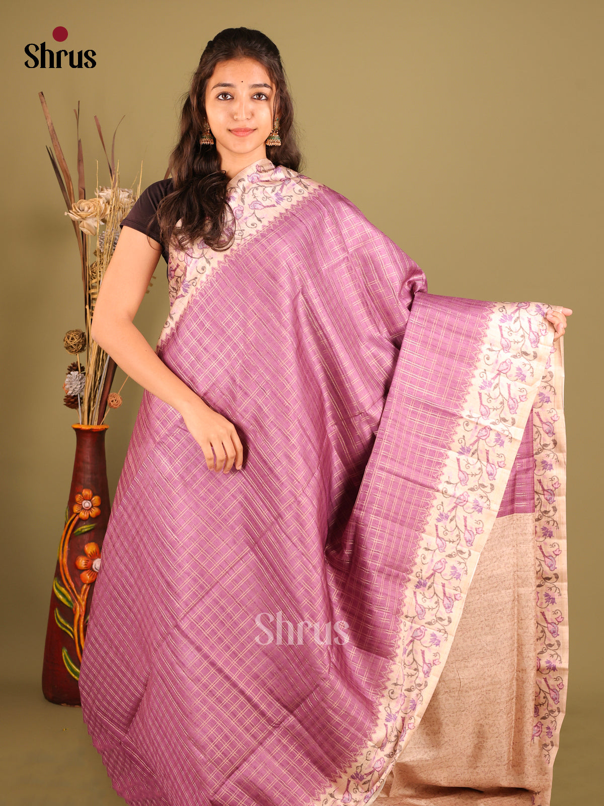 Purple & Cream - Moonga Silk Saree - Shop on Shrus.com