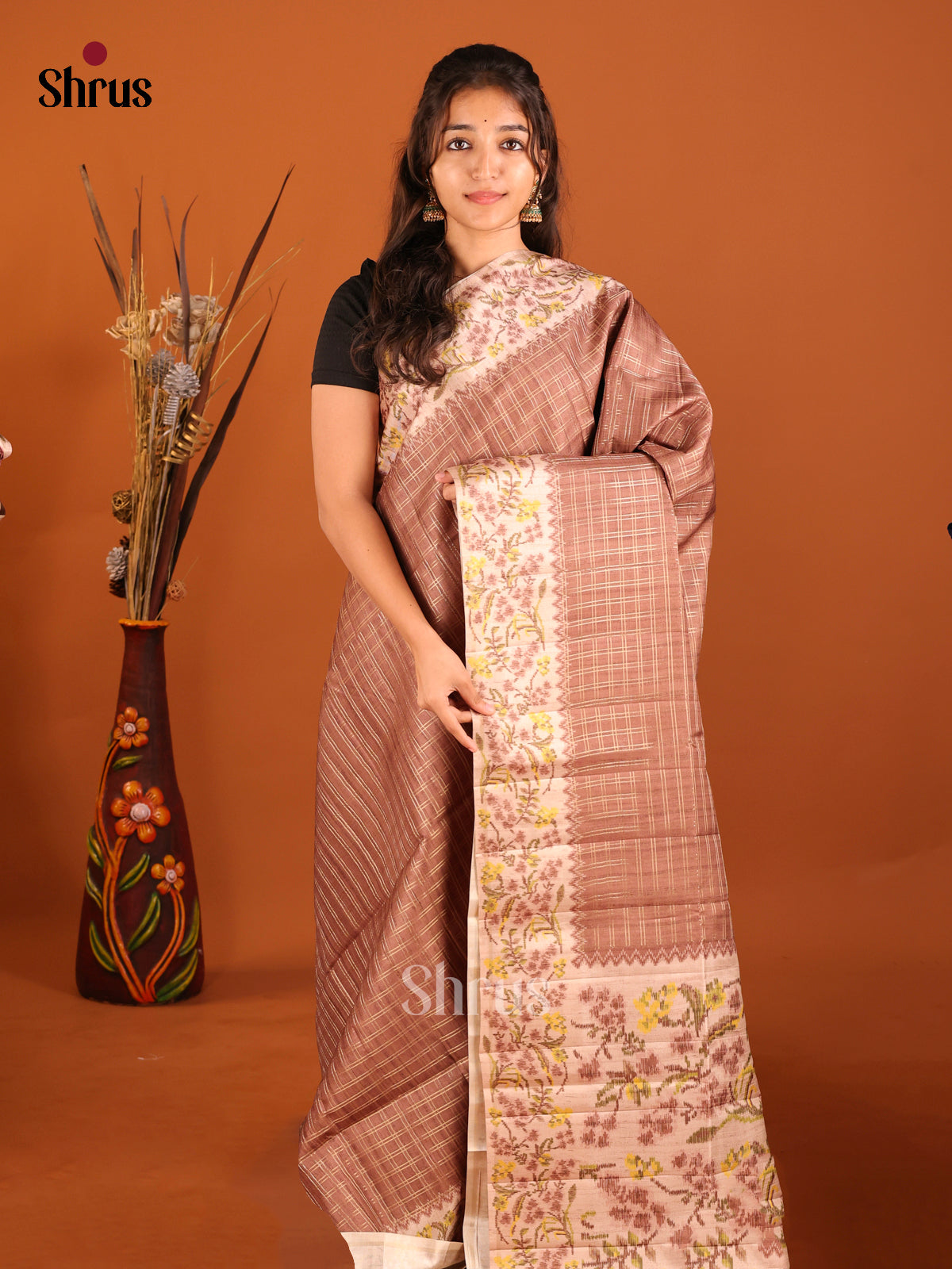 Brown & Cream - Moonga Silk Saree