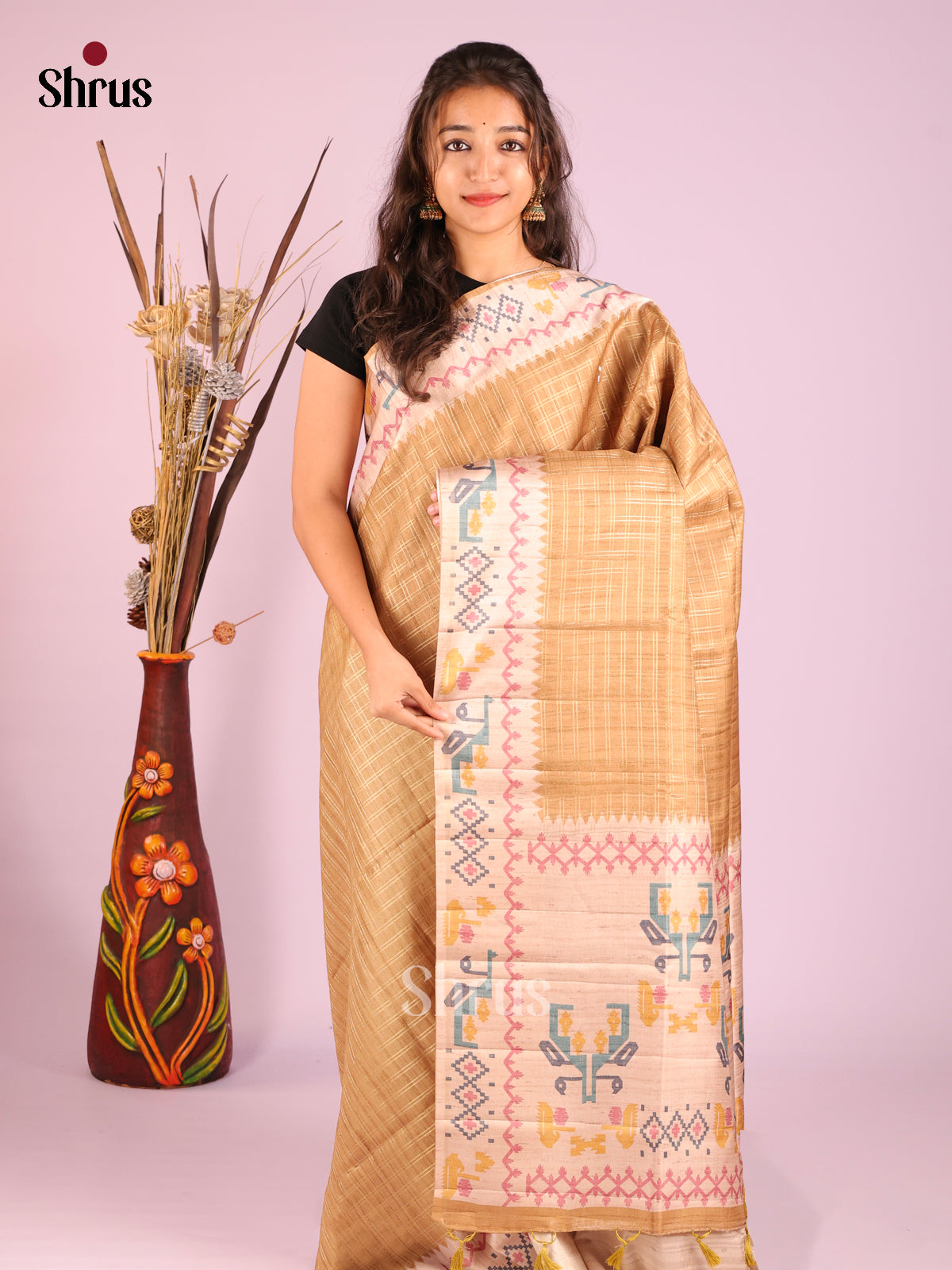 Mustard & Cream - Moonga Silk Saree