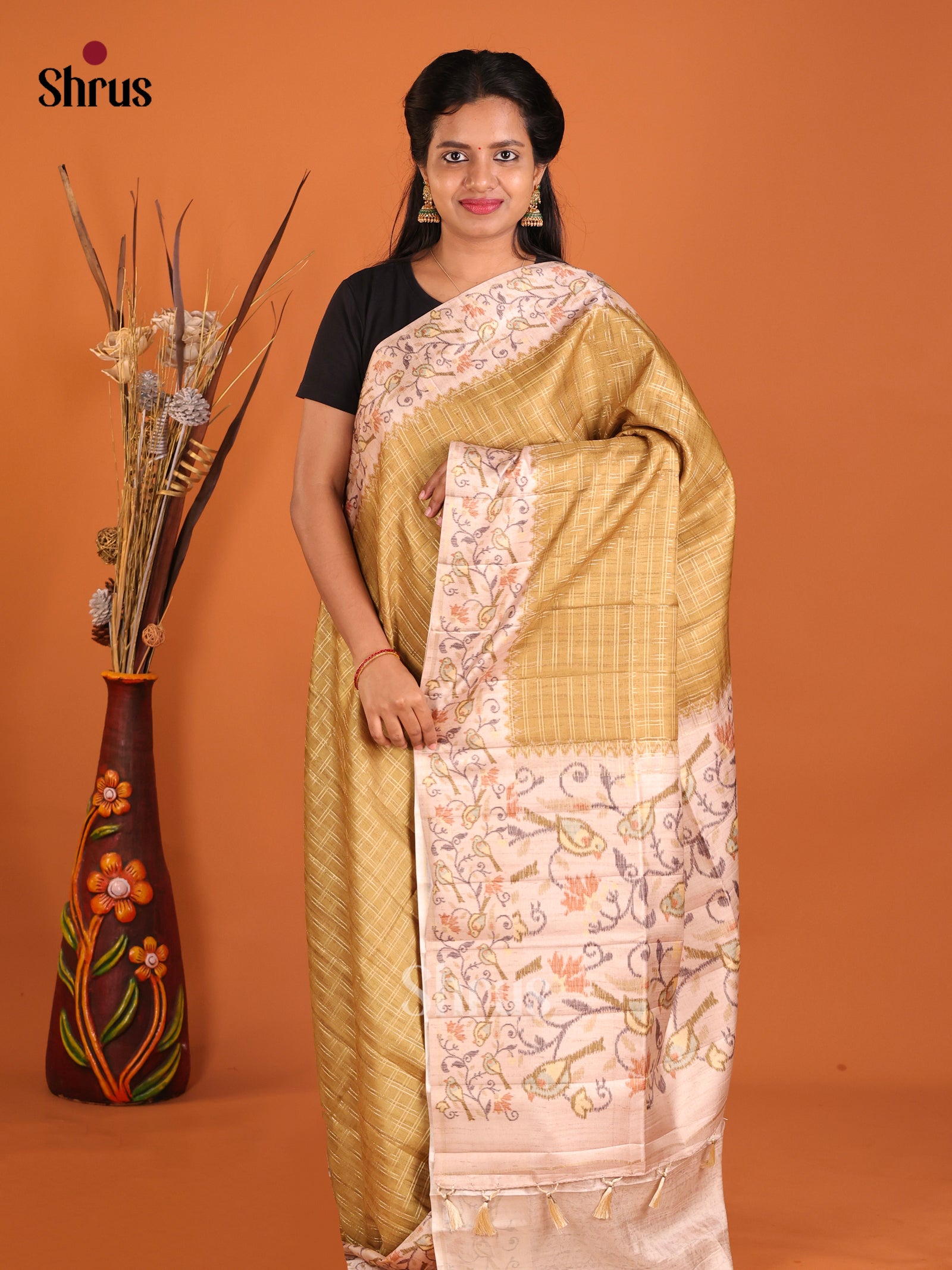 Mustard & Cream- Moonga Silk Saree