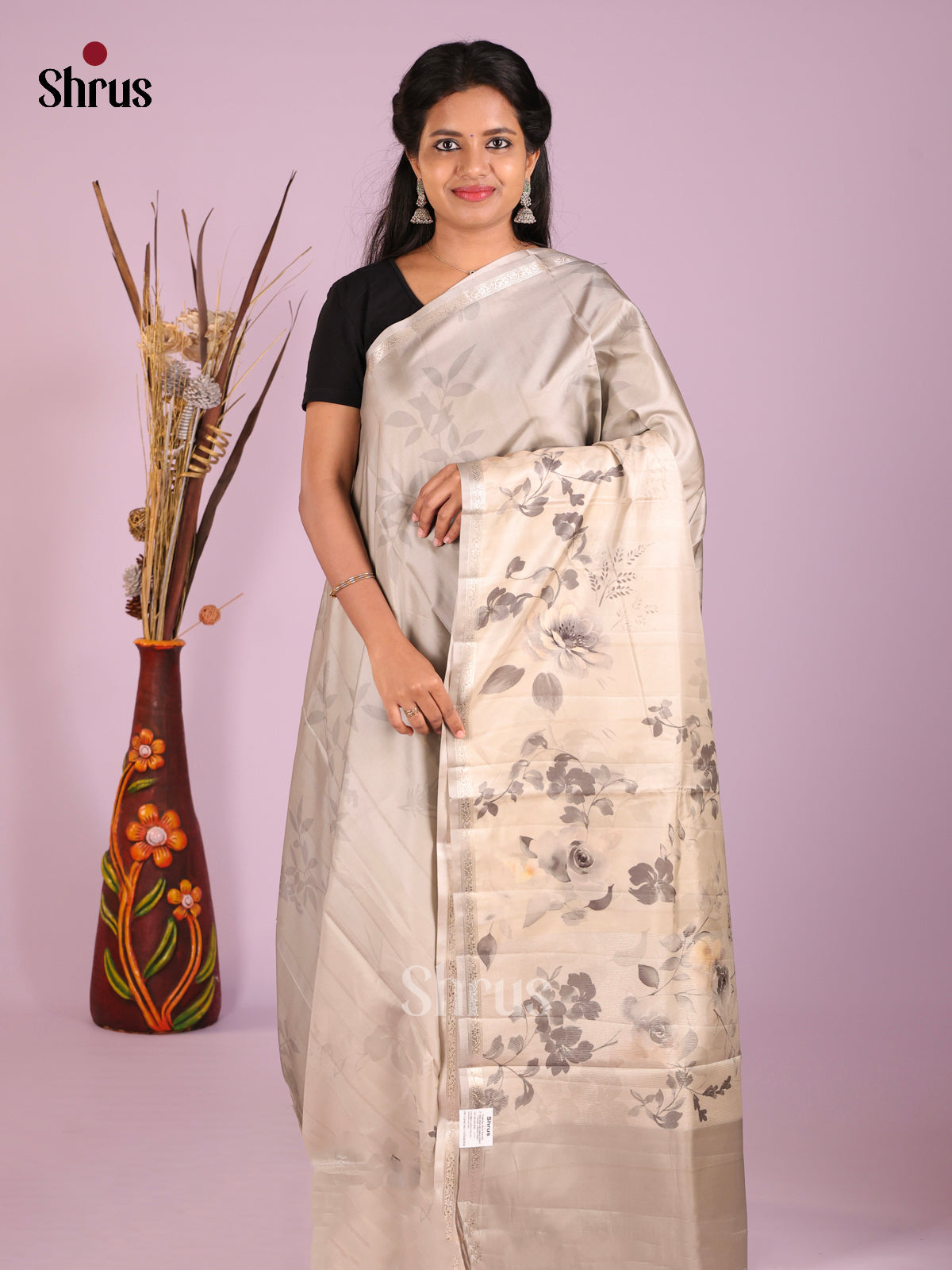 Grey & Cream - Moonga Silk Saree