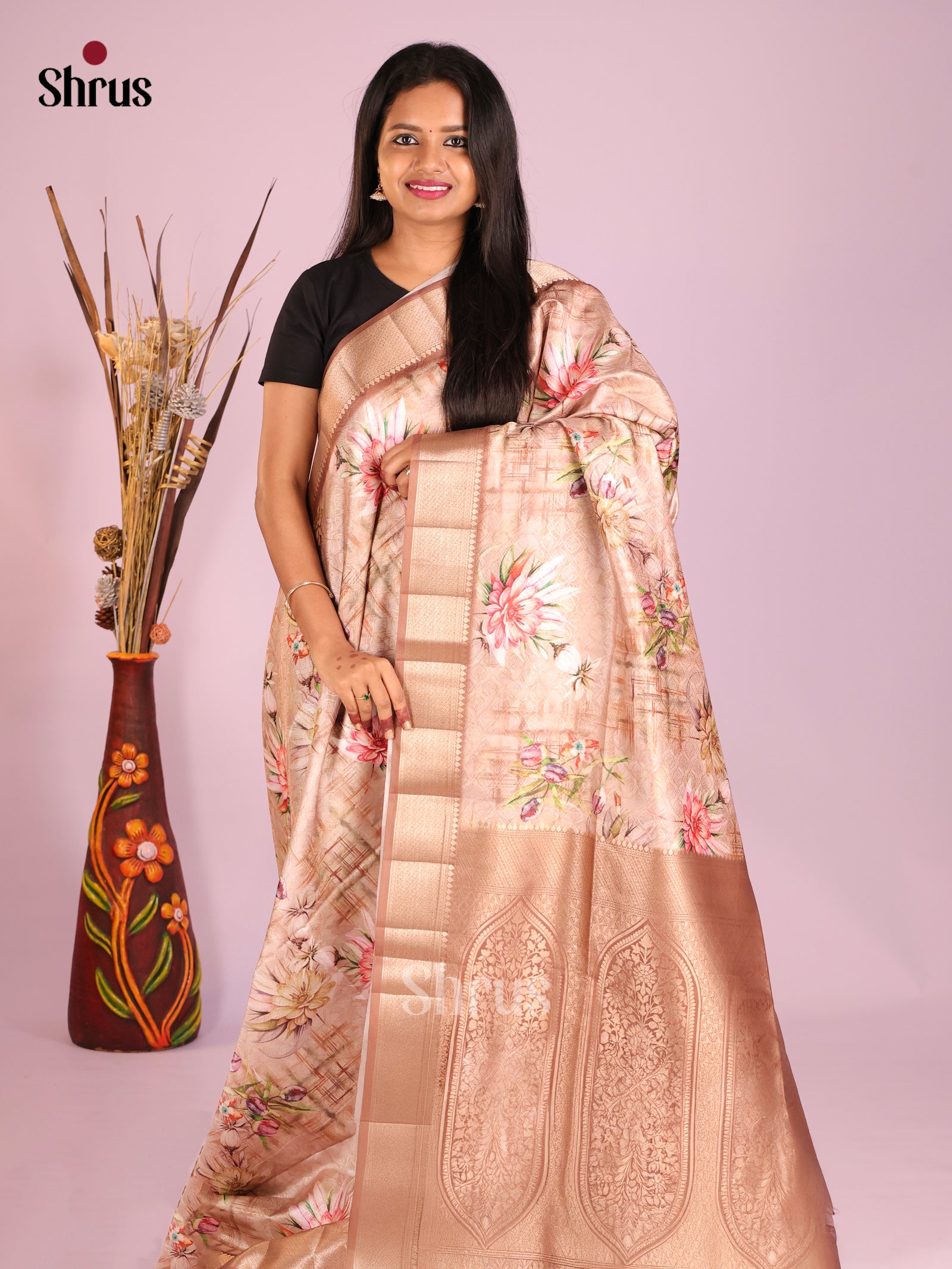DHS25427 - Printed Semi Tussar Saree