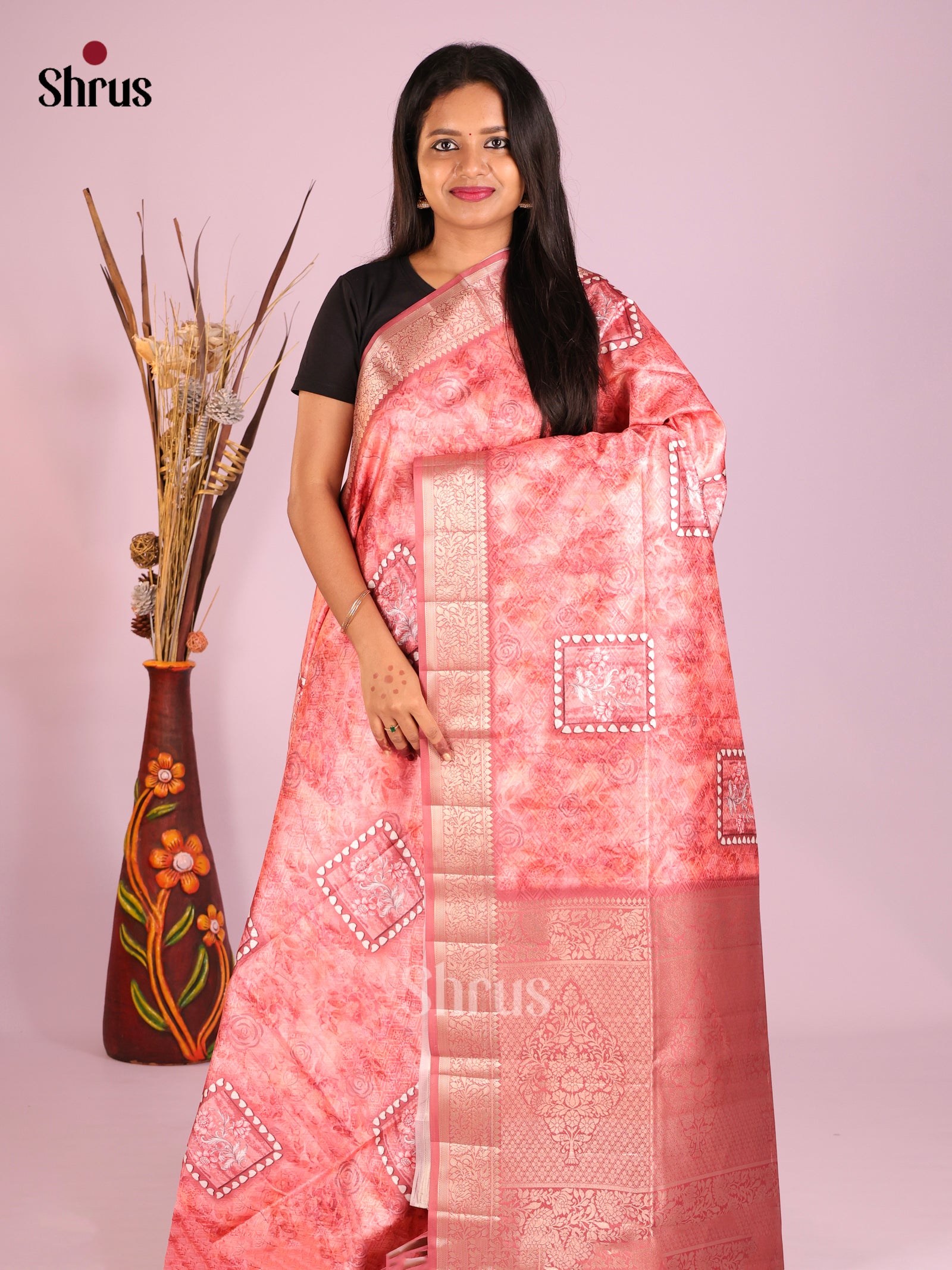 Pink - Printed Semi Tussar Saree - Shop on Shrus.com