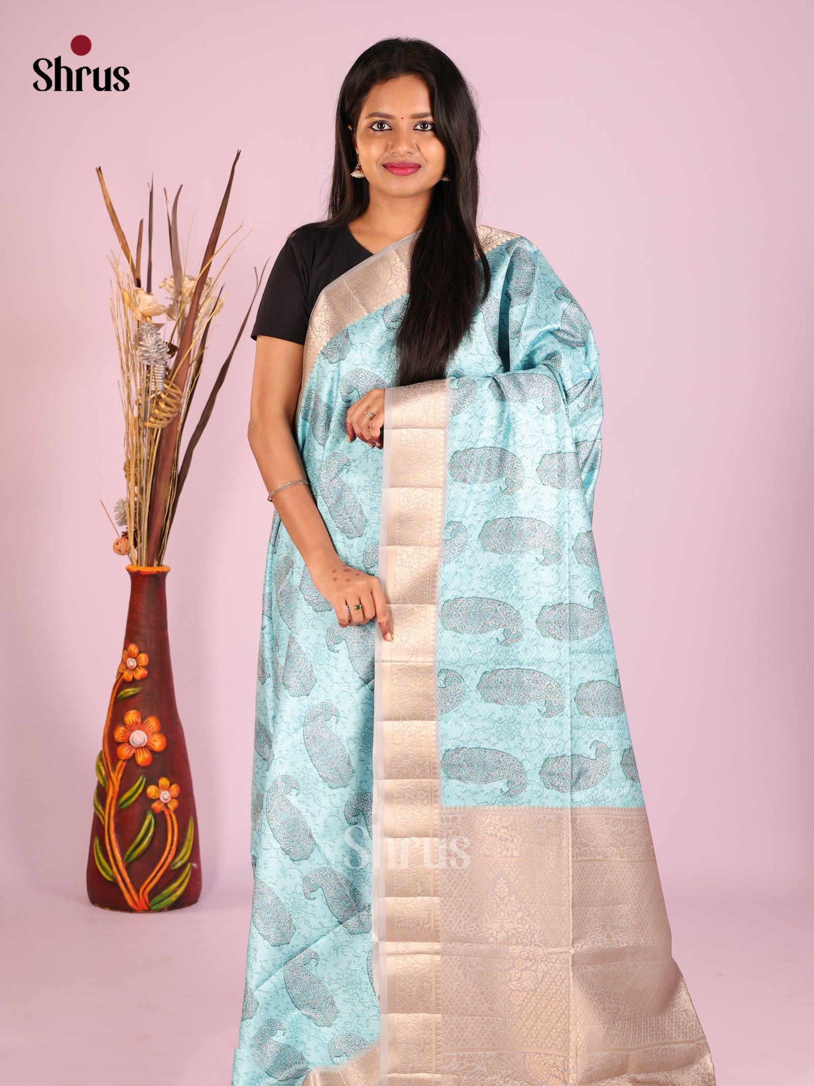 Blue & Grey - Printed Semi Tussar Saree