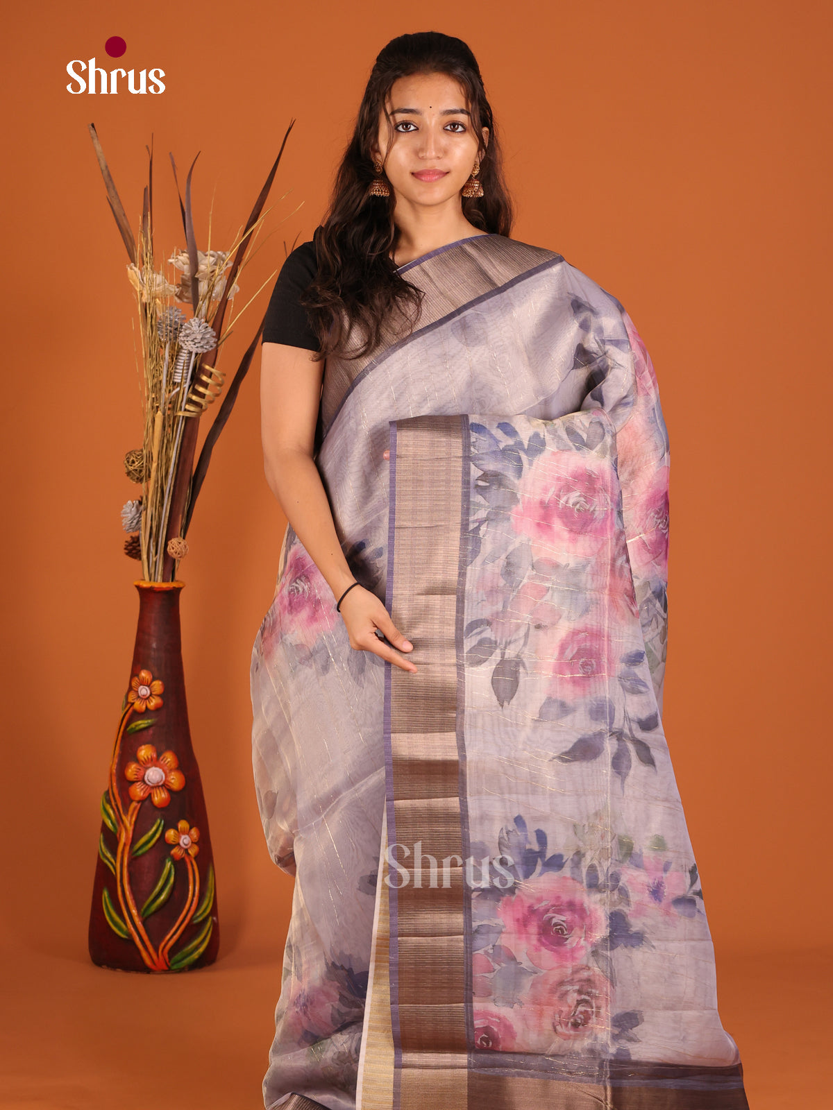 Greyish Blue - Semi Organza Saree - Shop on Shrus.com