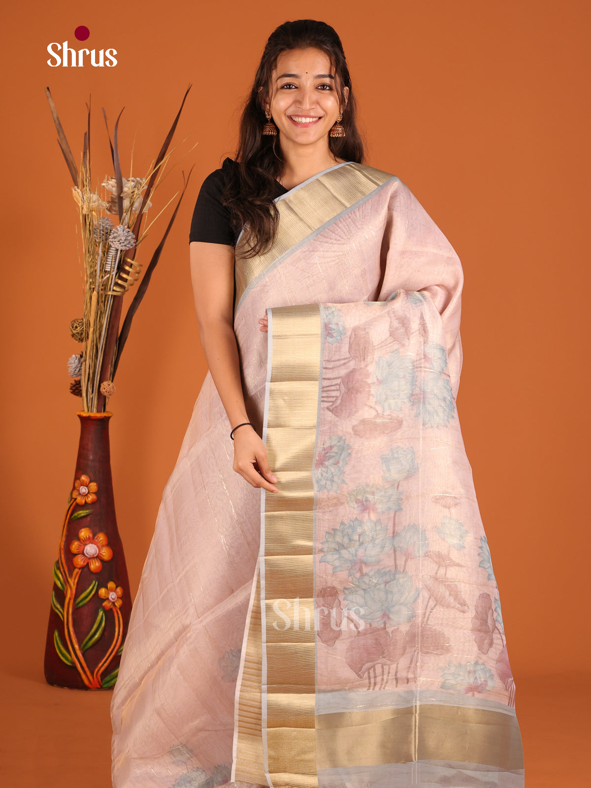 Dusty Pink & Grey  - Semi Organza Saree - Shop on Shrus.com