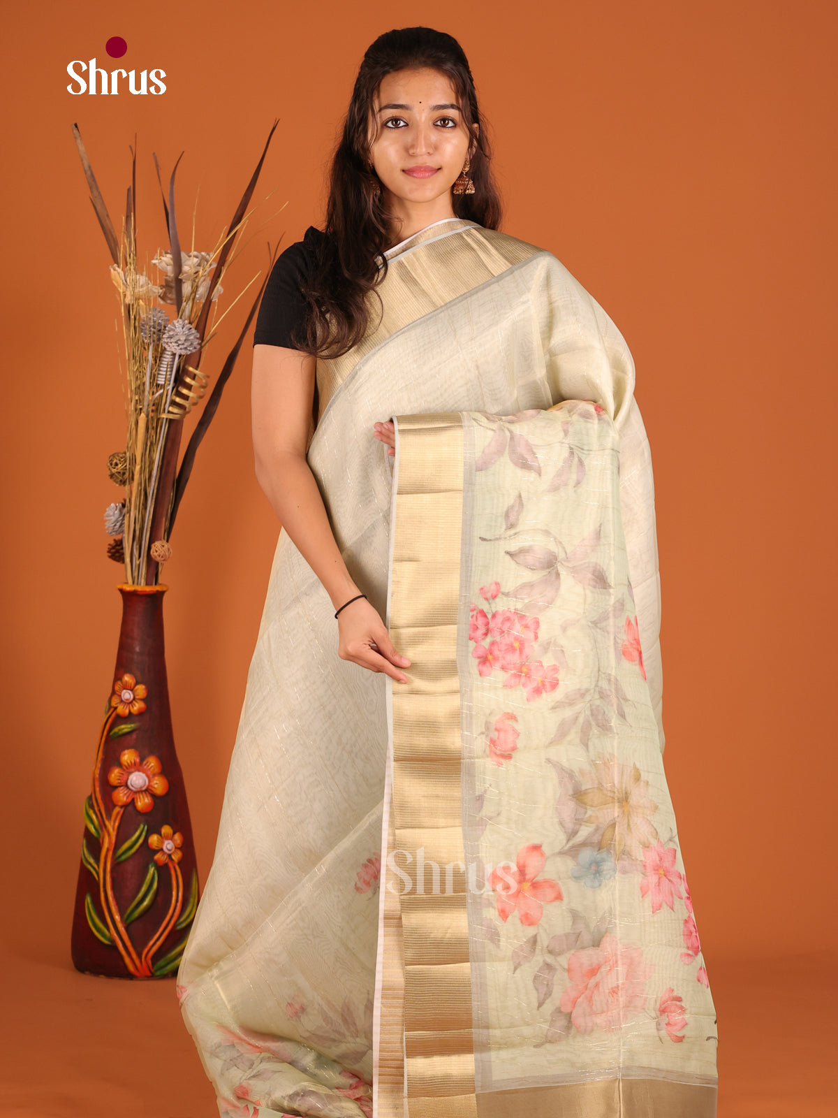 Grey Green - Semi Organza Saree - Shop on Shrus.com