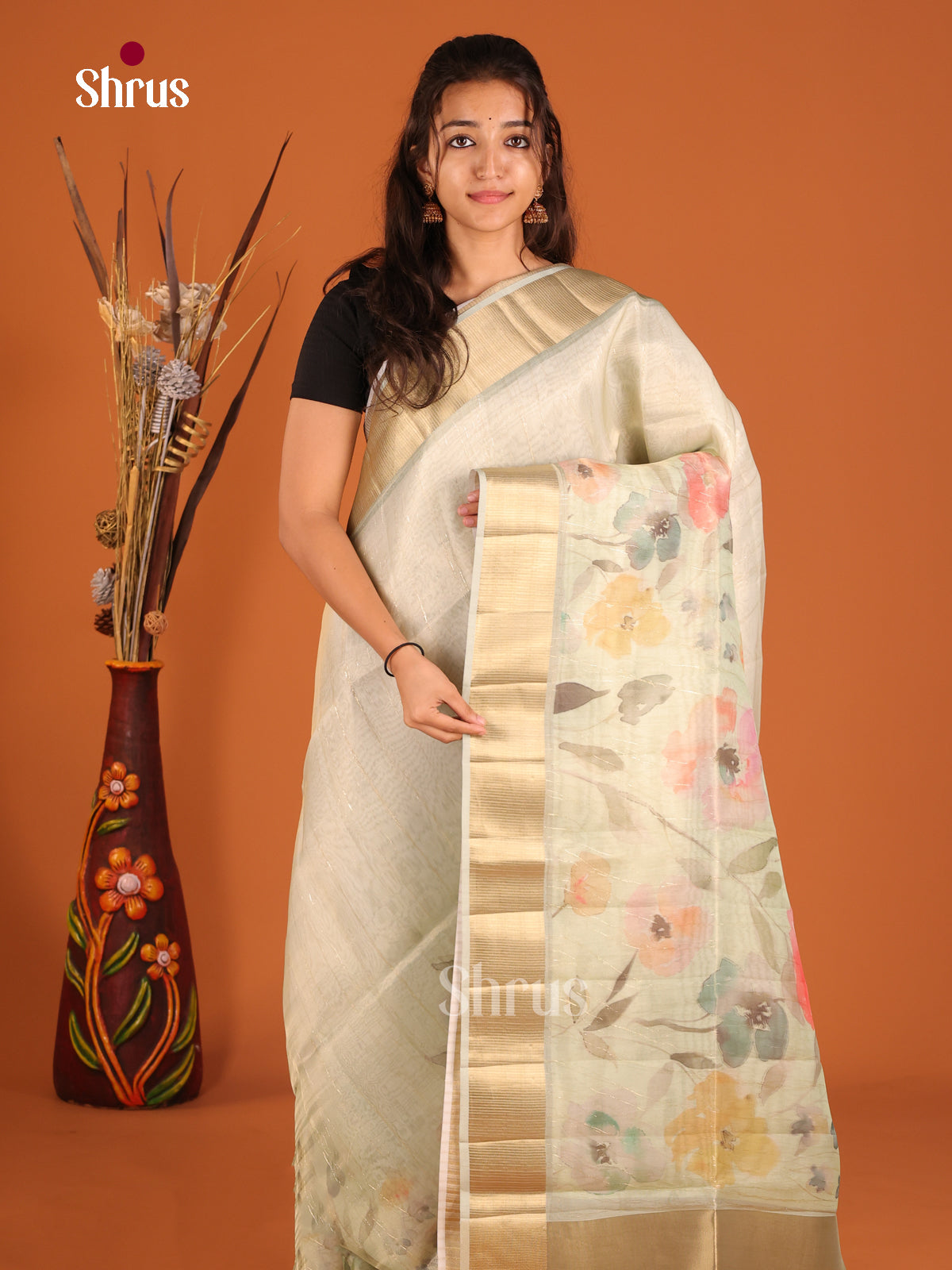 Grey Green - Semi Organza Saree - Shop on Shrus.com