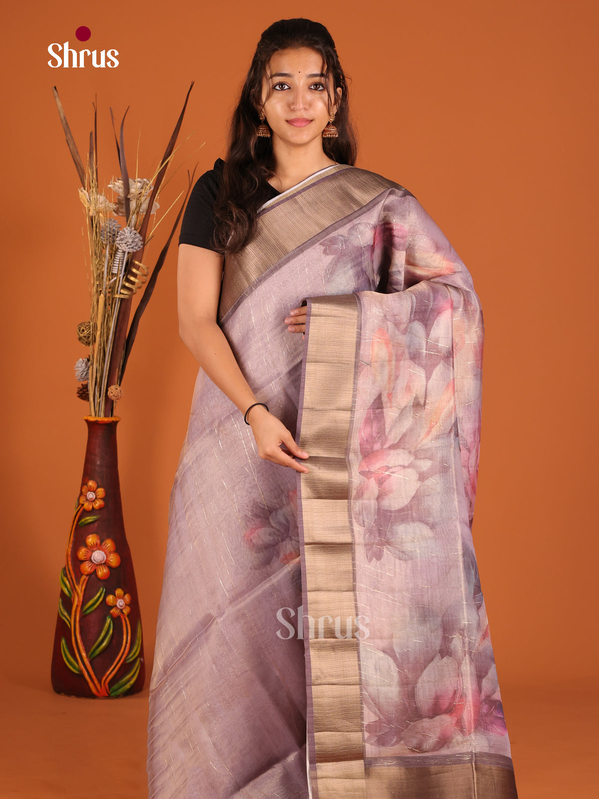 Purple  - Semi Organza Saree - Shop on Shrus.com