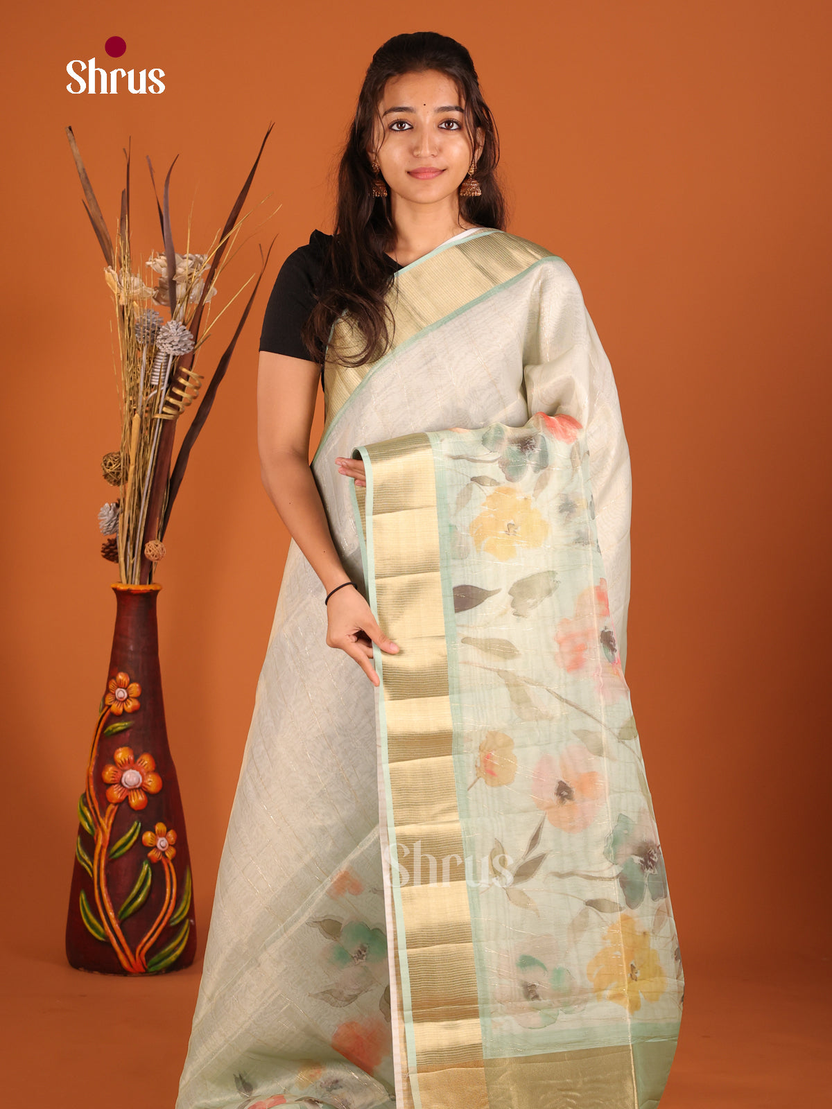 Pastel Green  - Semi Organza Saree - Shop on Shrus.com