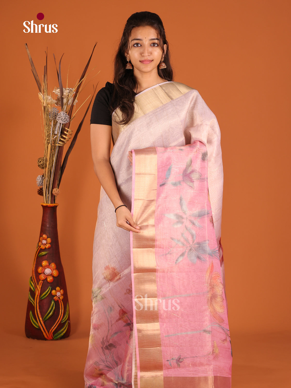 Pink - Semi Organza Saree - Shop on Shrus.com