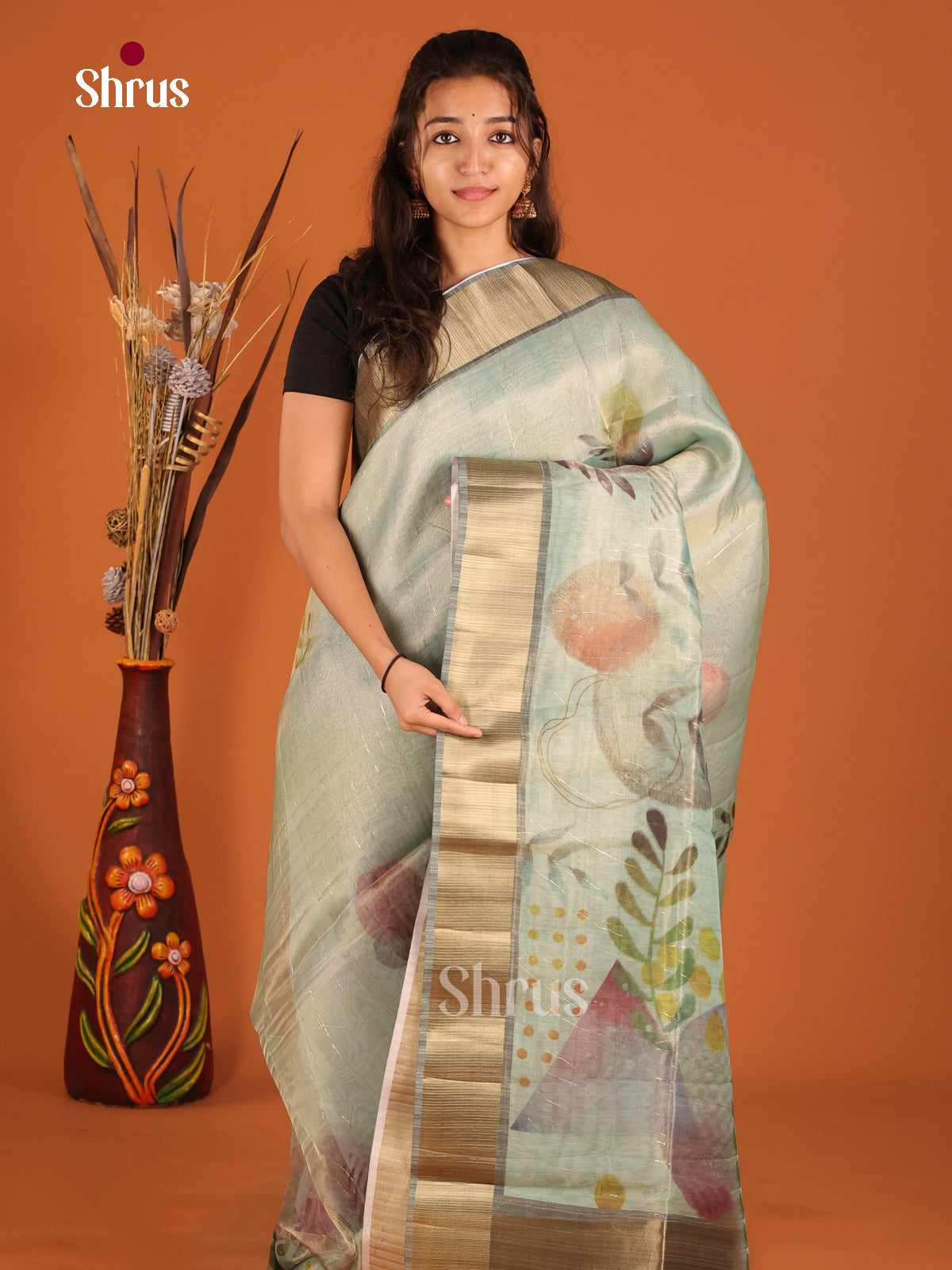 Grey Green - Semi Organza Saree - Shop on Shrus.com