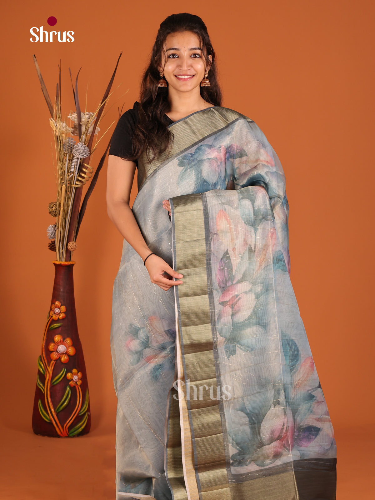 Blue & Grey - Semi Organza Saree