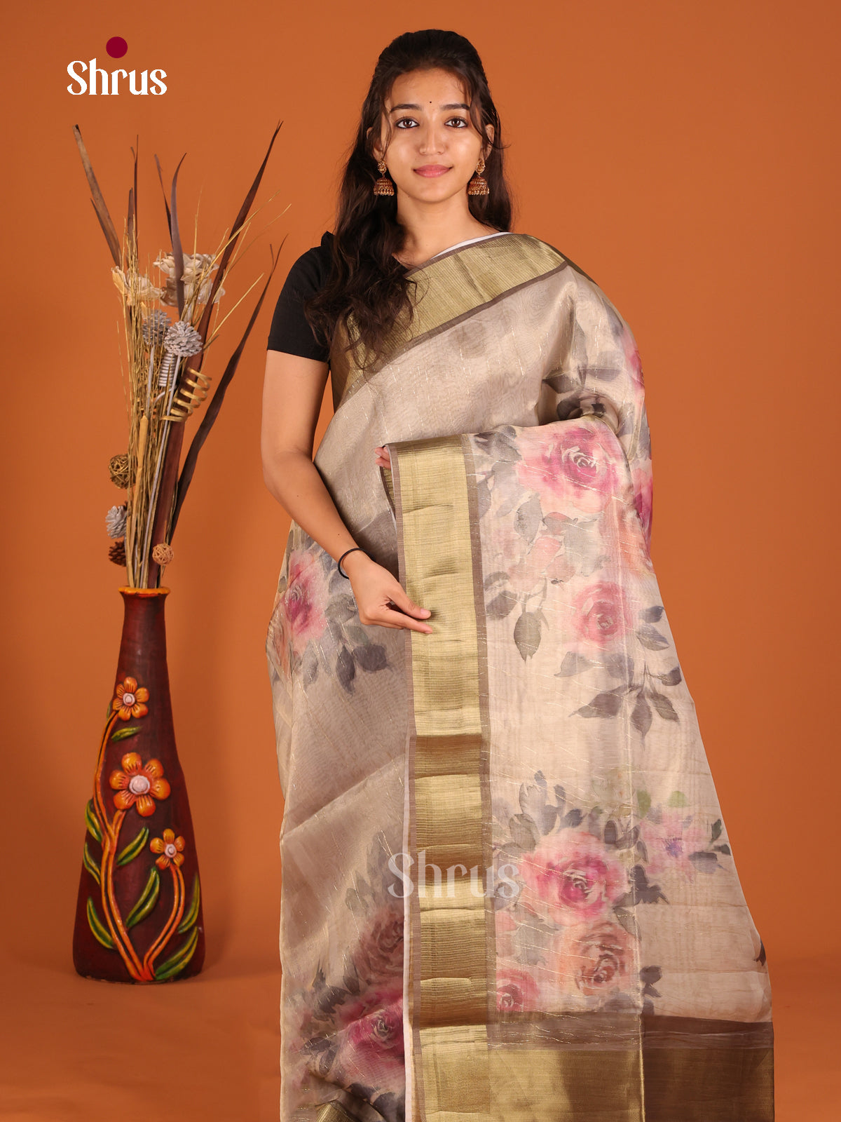 Grey - Semi Organza Saree - Shop on Shrus.com