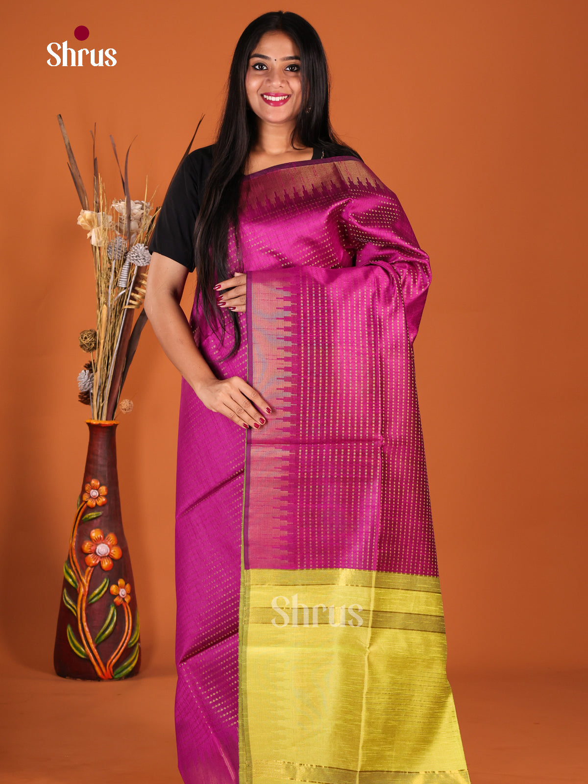 Majenta & Lime Green- Semi Rawsilk Saree - Shop on Shrus.com
