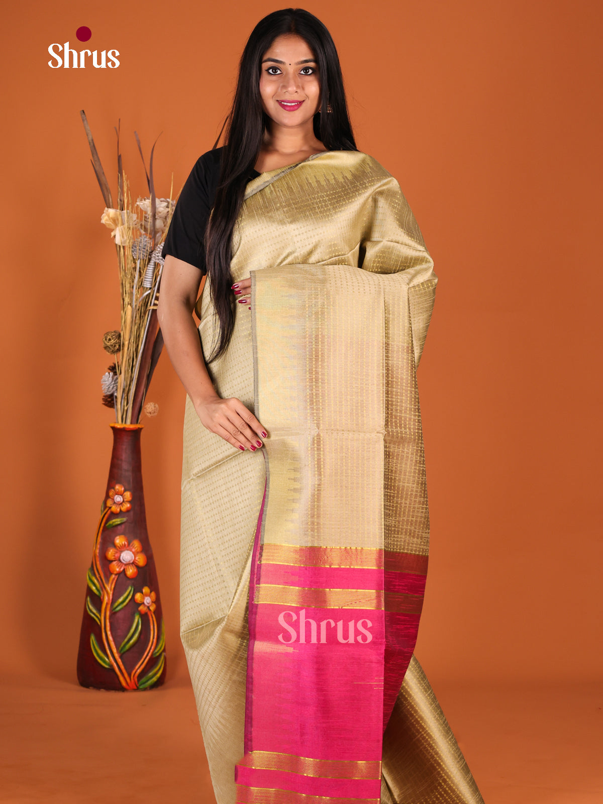 Dull Gold & Pink - Semi Rawsilk Saree - Shop on Shrus.com
