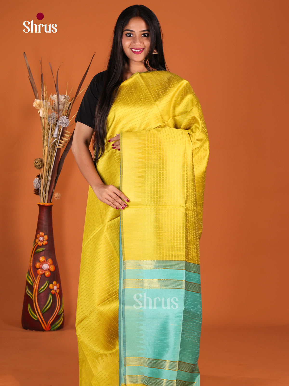 Mustardy Green & Teal - Semi Rawsilk Saree - Shop on Shrus.com