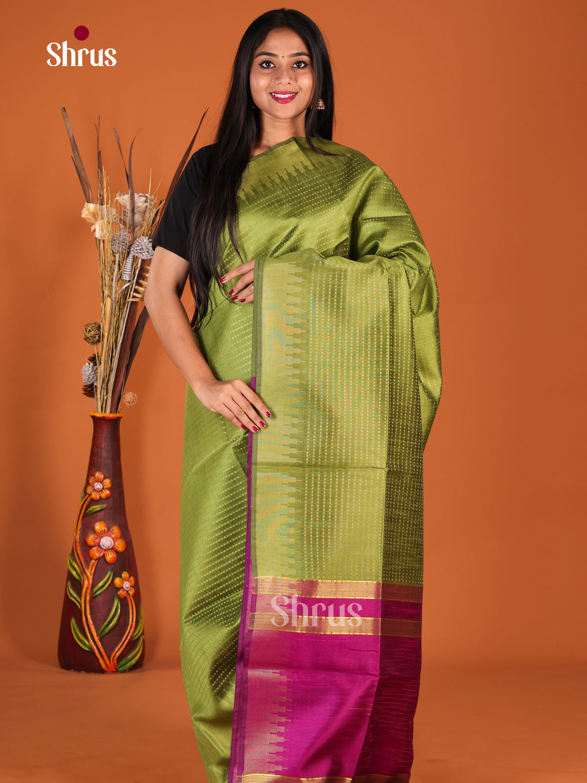 Green & Pink- Semi Rawsilk Saree - Shop on Shrus.com