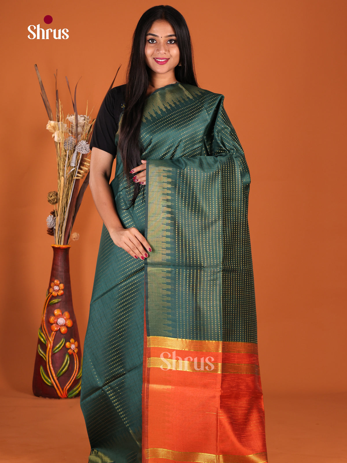 Green & Orange - Semi Rawsilk Saree - Shop on Shrus.com