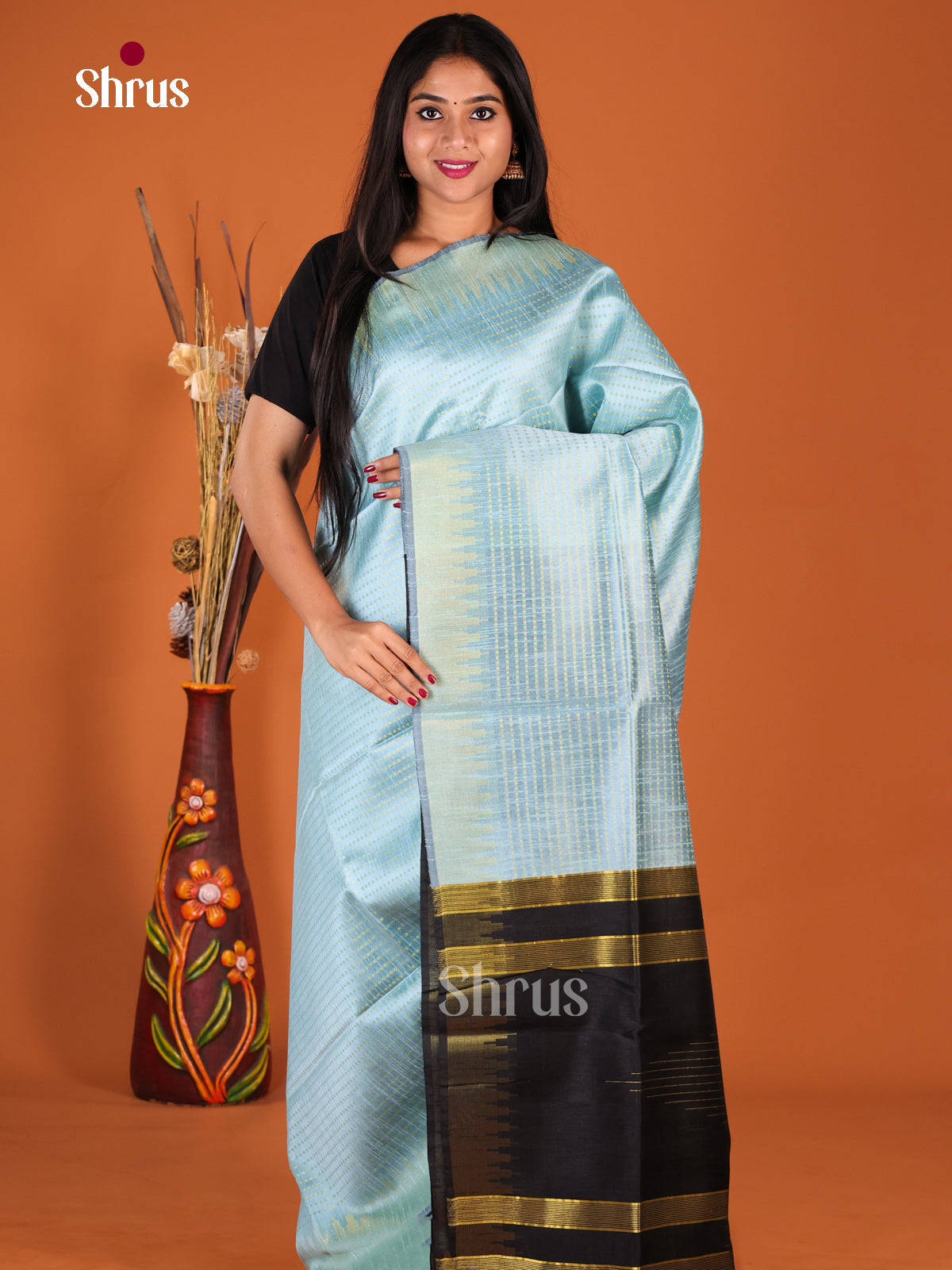 Pastel Blue & Black- Semi Rawsilk Saree - Shop on Shrus.com