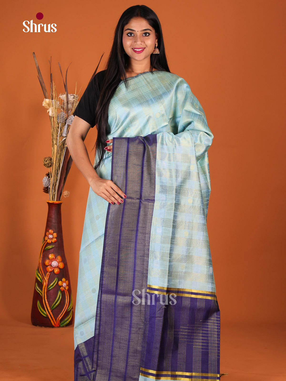 Pastel Blue & Blue- Semi Rawsilk Saree - Shop on Shrus.com