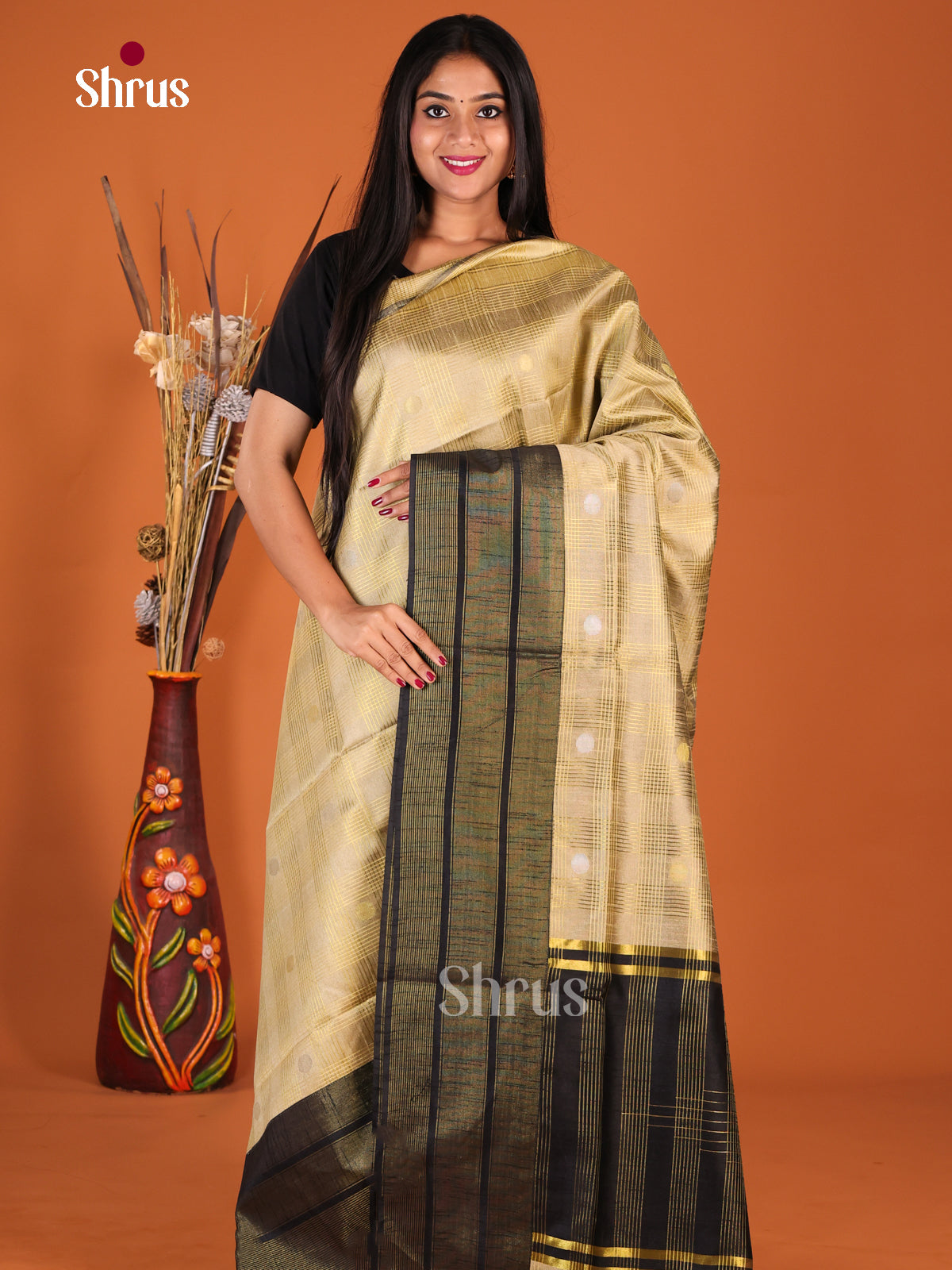 Dull gold & Black- Semi Rawsilk Saree - Shop on Shrus.com