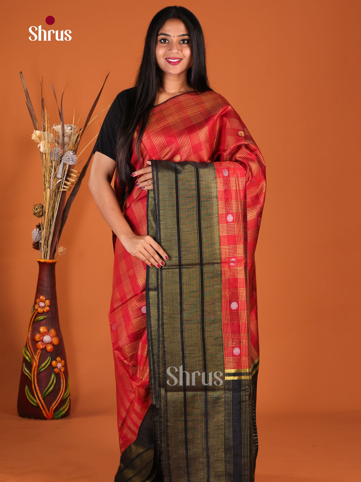 Red & Black- Semi Rawsilk Saree - Shop on Shrus.com