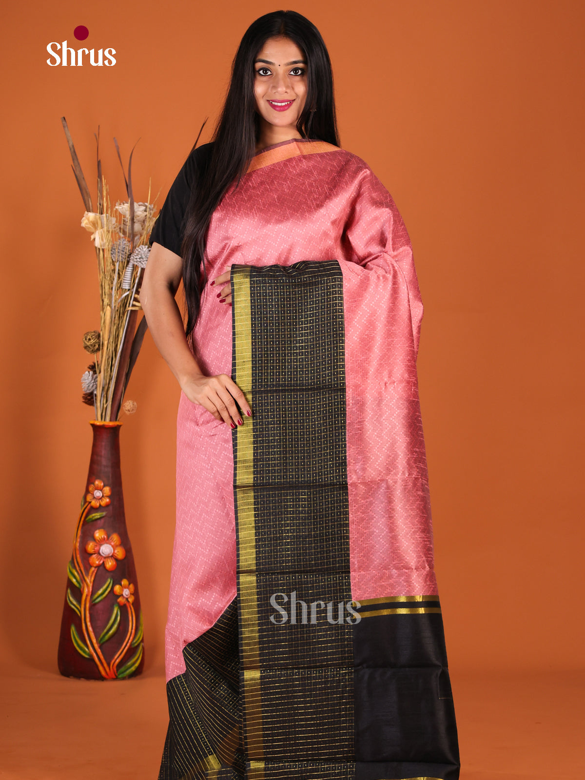 Pink & Black - Semi Rawsilk Saree - Shop on Shrus.com