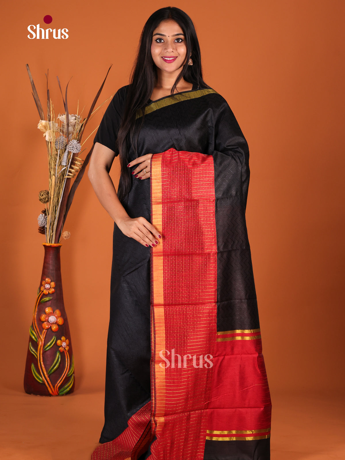 Black  & Red - Semi Rawsilk Saree - Shop on Shrus.com
