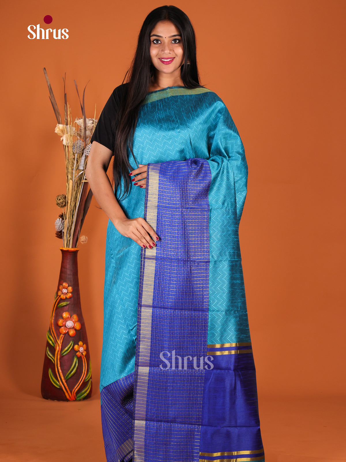 Sky Blue & Blue - Semi Rawsilk Saree - Shop on Shrus.com