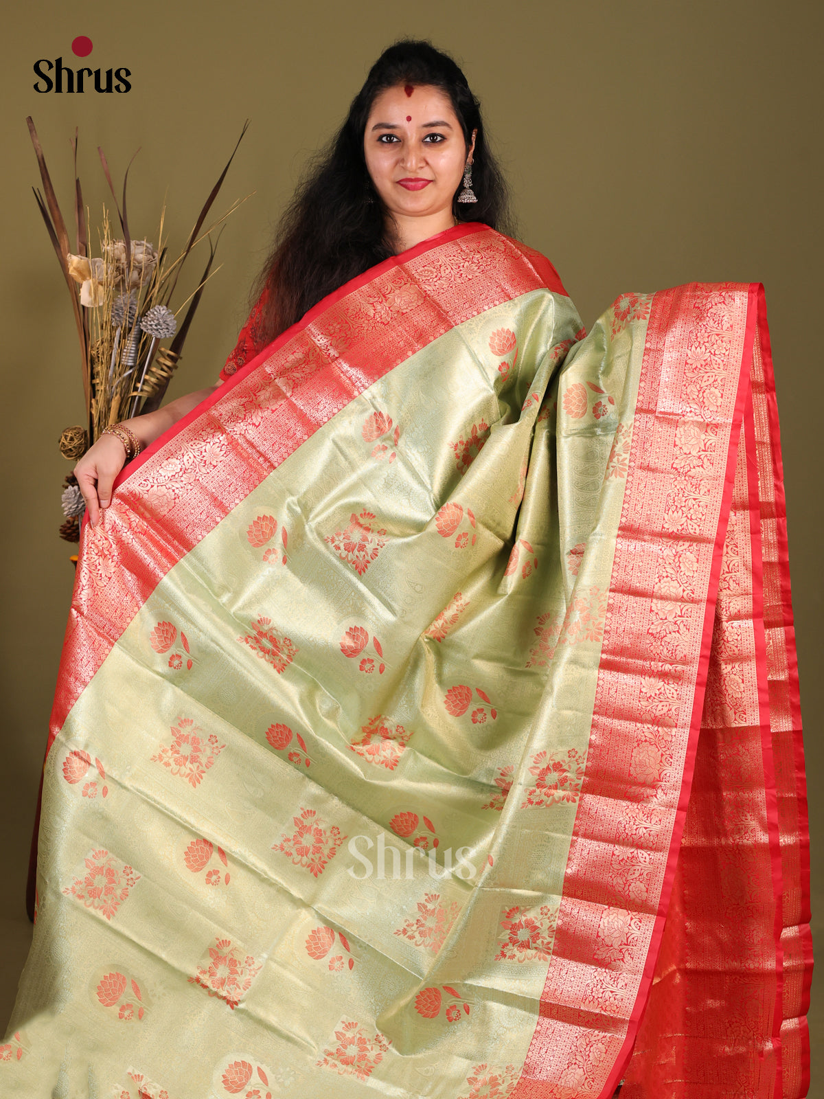 Green & Red - Kanchipuram-halfpure Saree - Shop on Shrus.com