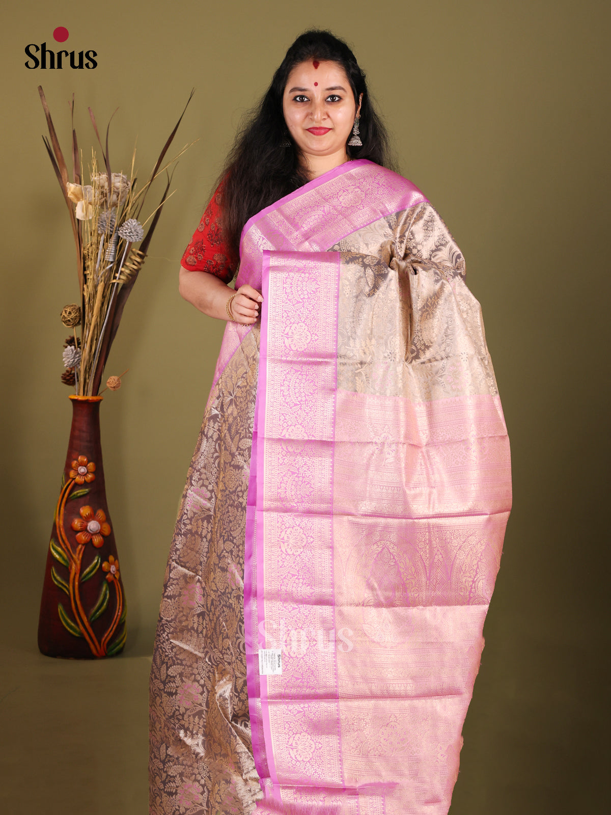 Grey & Purple- Kanchipuram-halfpure Saree - Shop on Shrus.com