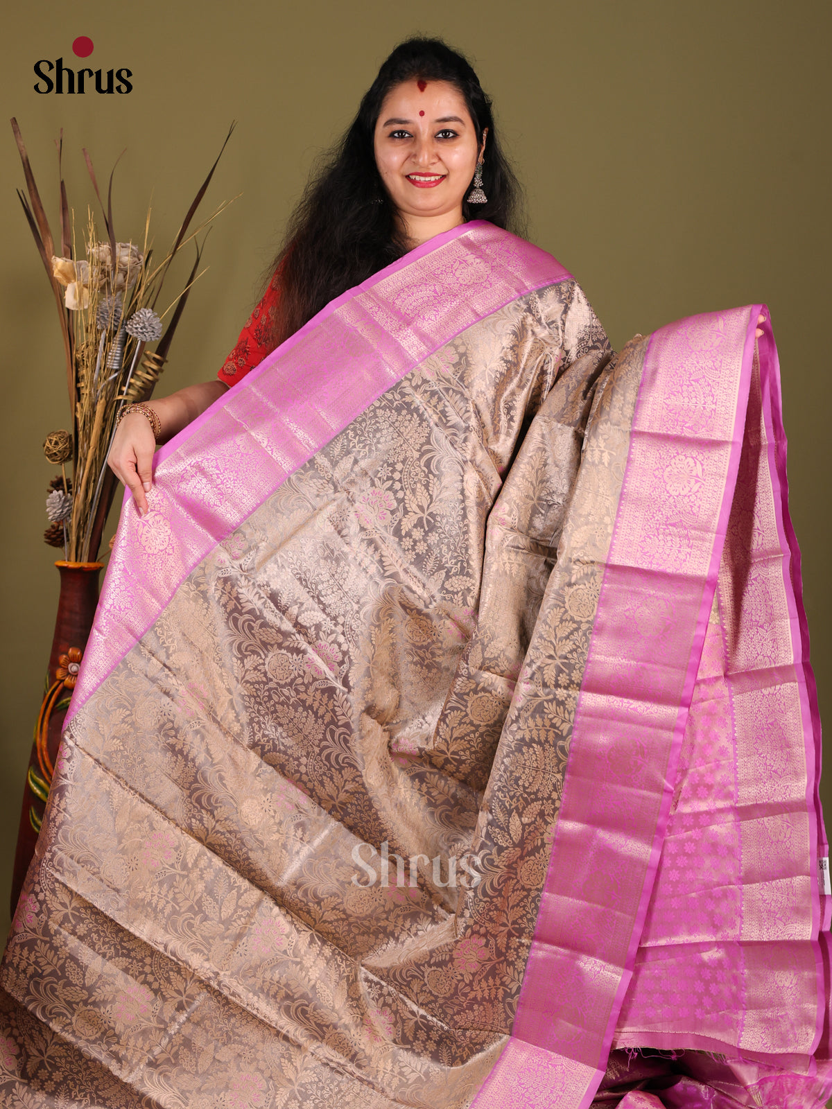 Grey & Purple- Kanchipuram-halfpure Saree - Shop on Shrus.com