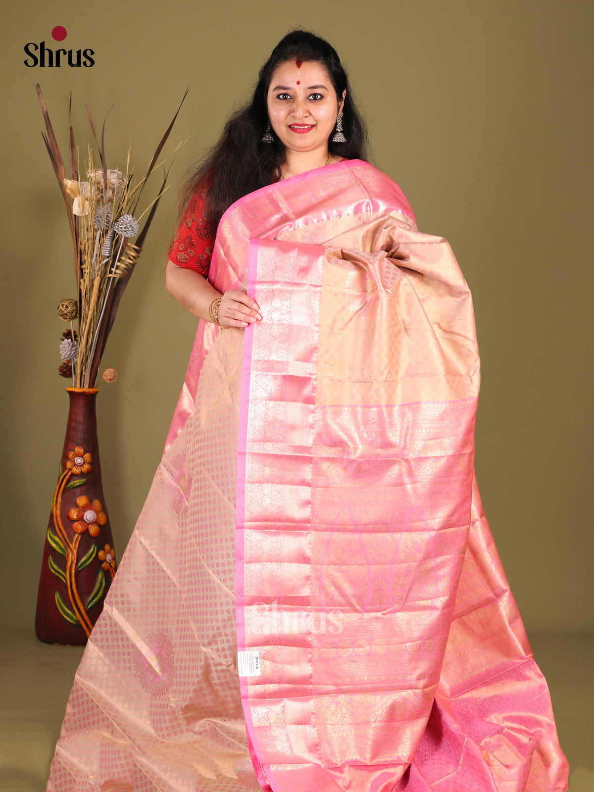 Peach & Pink - Kanchipuram-halfpure Saree