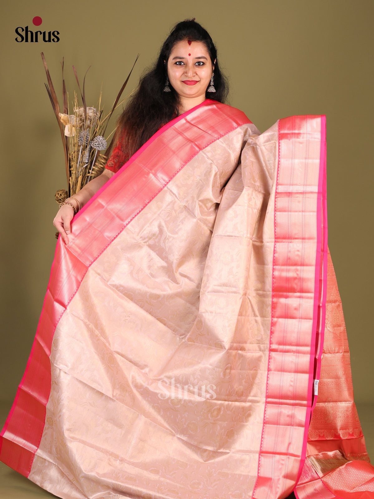 Cream & Pink - Kanchipuram-halfpure Saree 1