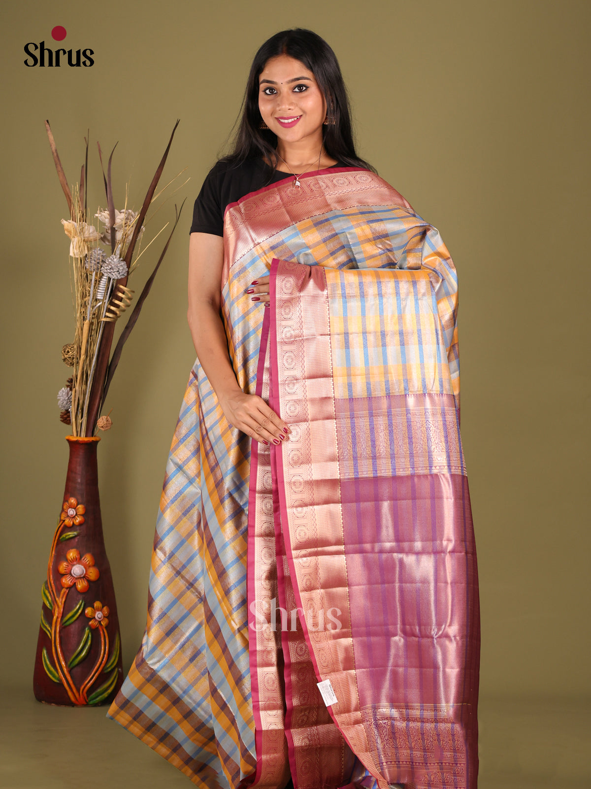 Multicolor & Maroon- Kanchipuram-halfpure Saree