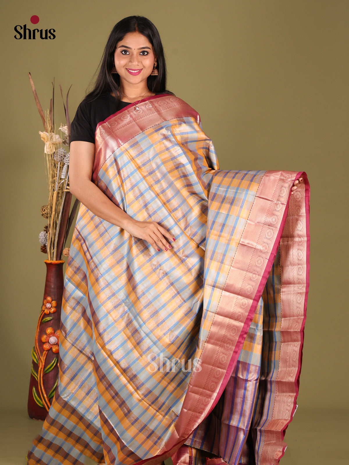 Multicolor & Maroon- Kanchipuram-halfpure Saree 1