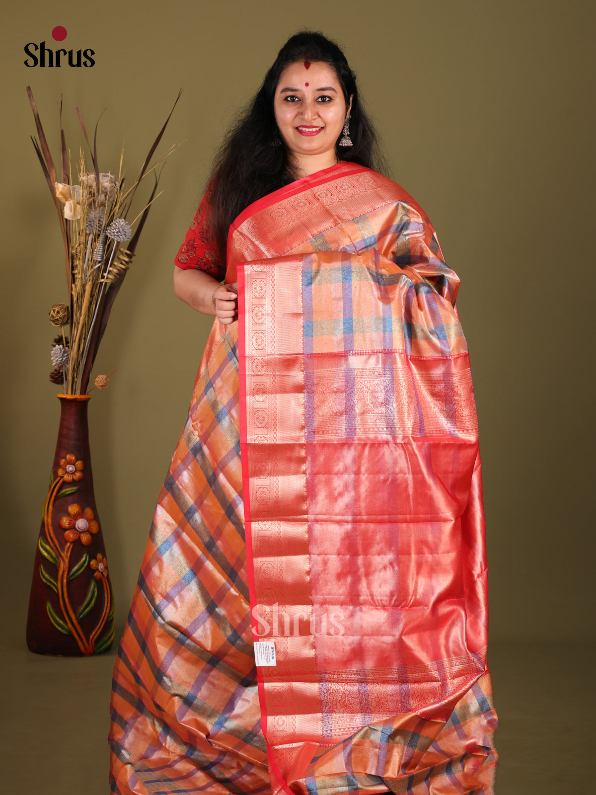 Orange & Red - Kanchipuram-halfpure Saree 