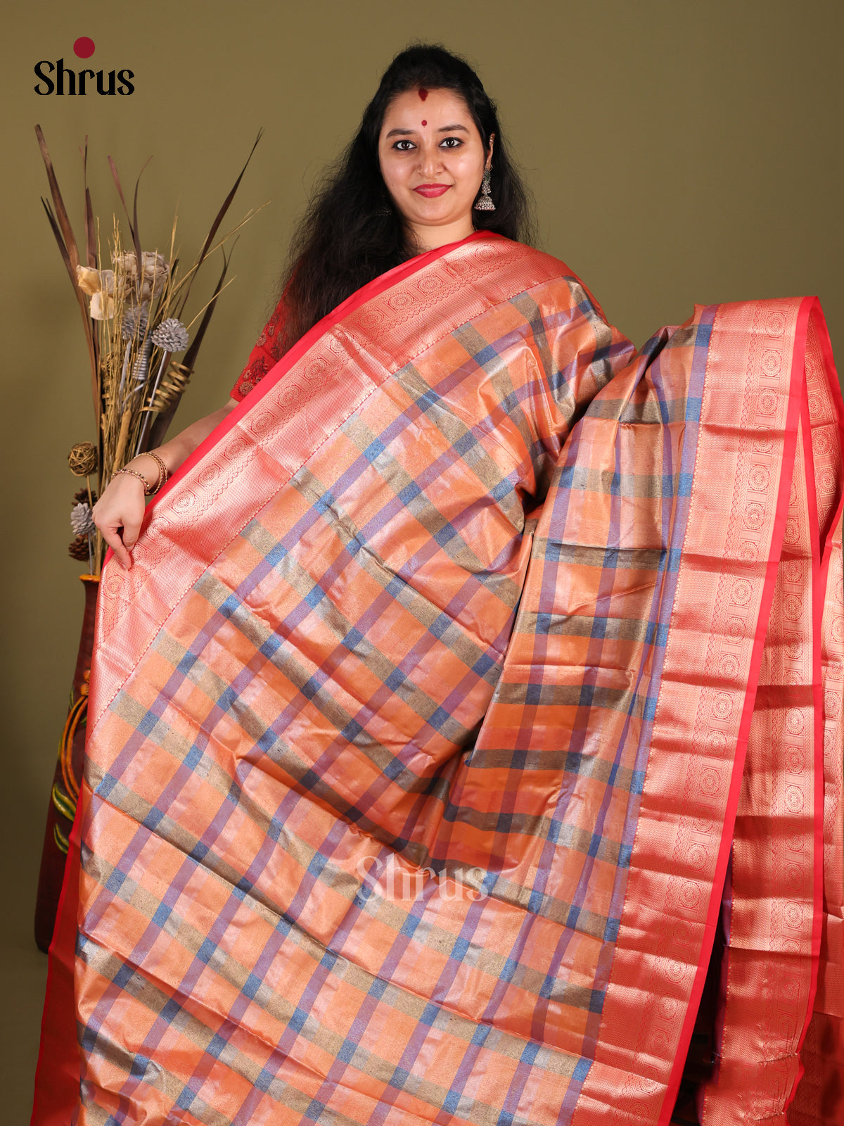 Orange & Red - Kanchipuram-halfpure Saree 1