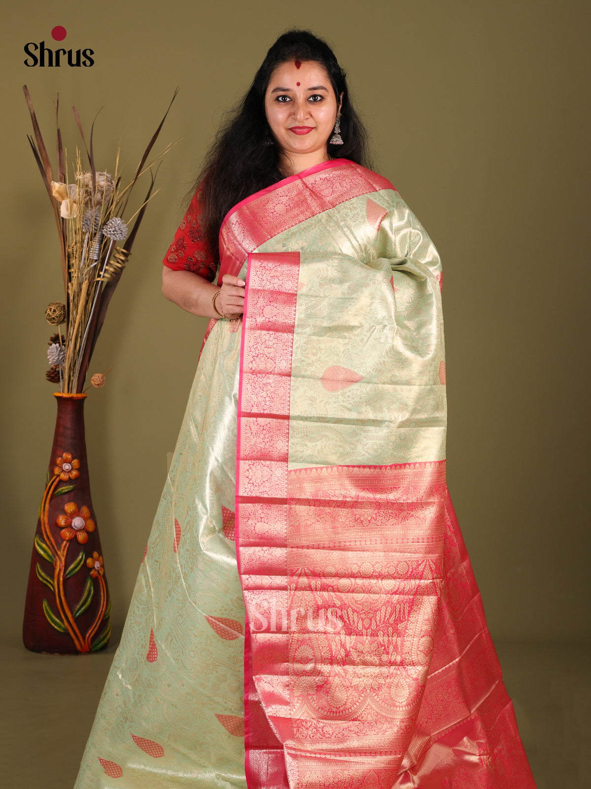 Green & Pink  - Kanchipuram-halfpure Saree - Shop on Shrus.com