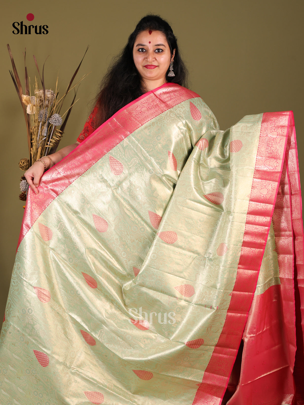 Green & Pink  - Kanchipuram-halfpure Saree - Shop on Shrus.com