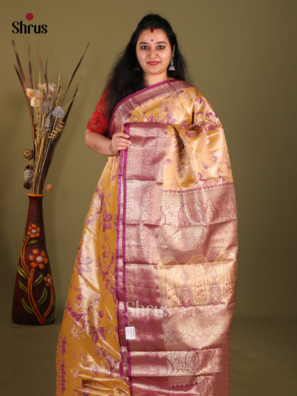 Mustard & Purple - Kanchipuram-halfpure Saree - Shop on Shrus.com