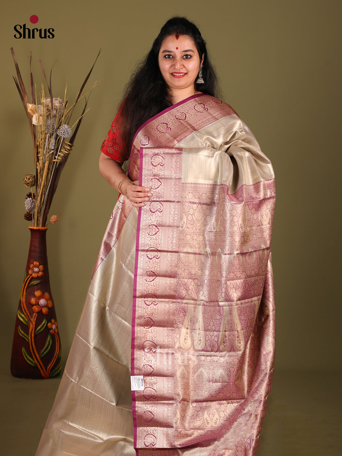 Grey & Purple - Kanchipuram-halfpure Saree - Shop on Shrus.com