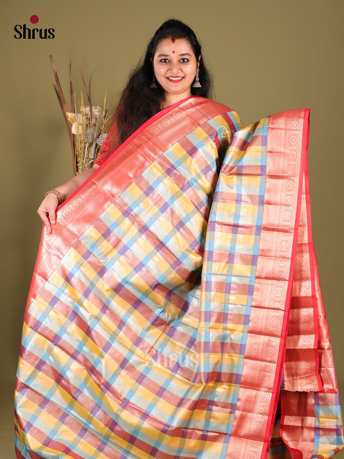 Multicolor & Red - Kanchipuram-halfpure Saree 1