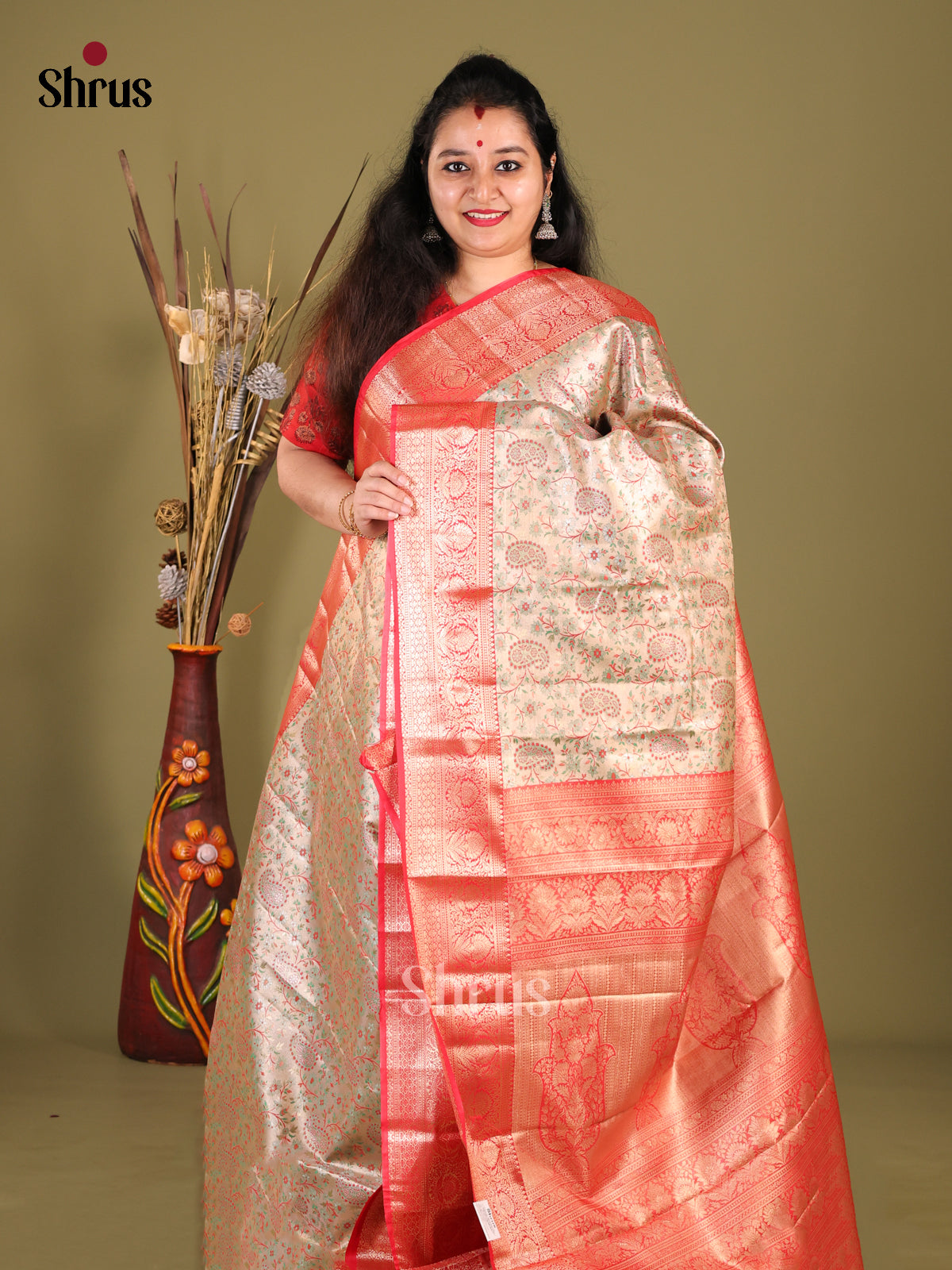 Green & Red - Kanchipuram-halfpure Saree - Shop on Shrus.com