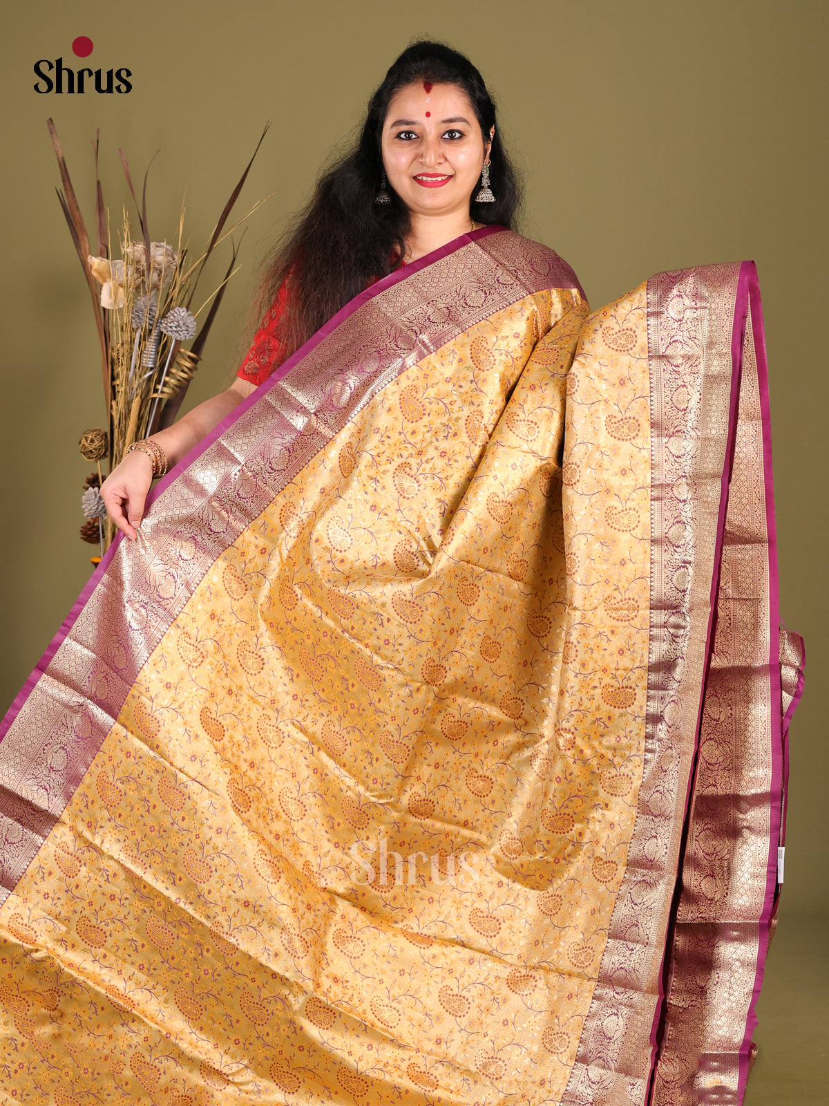Yellow & Purple- Kanchipuram-halfpure Saree - Shop on Shrus.com